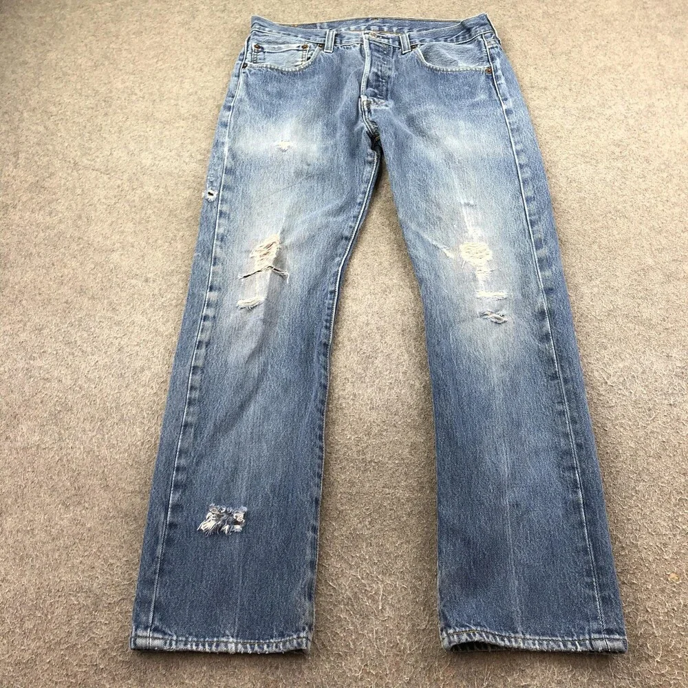 Levis 501 Jeans Mens 31x30 Blue Light Wash Regular Straight Denim Distressed